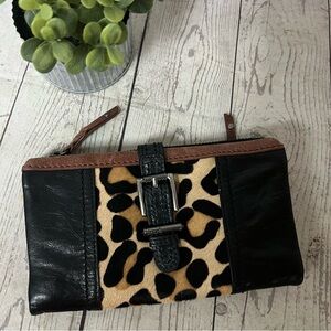 The Sak Leather & Leopard Print Hair Wallet Folding Zippers Black Tan